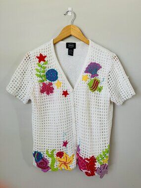 Designers Studio Originals Vintage Novely Sweater Womens M Crochet Short Sleeve